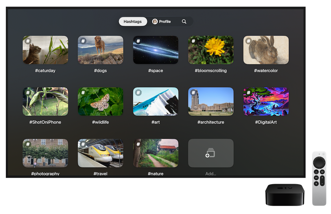 Apple TV with the Crystal app on screen, showing a grid of hashtags with a photo for each one. Along the top is a navigation bar with 'Hashtags', 'Profile', and 'Search'